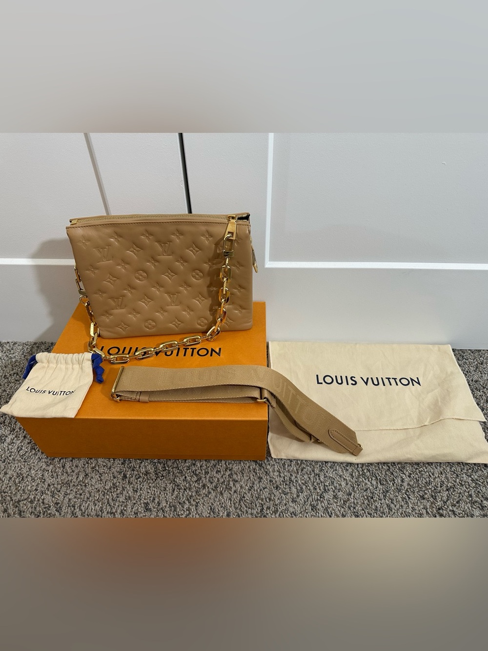 Louis Vuitton Coussin PM Camel Monogram Embossed Crossbody with Gold Chain